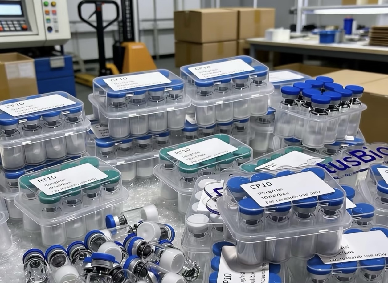 Packaged research vials arranged for order preparation