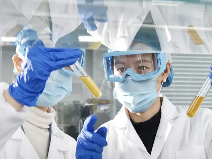 Laboratory staff visually reviewing samples in glass tubes