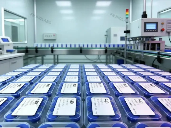 Rows of labeled product units prepared in protective cases