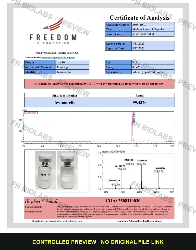 Watermarked low-resolution preview of a supplied third-party Tesamorelin certificate of analysis